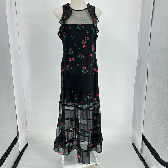 EXPRESS Maxi Floral Sheer Mid Lined Maxi Dress Size 8 Black - Picture 3 of 11
